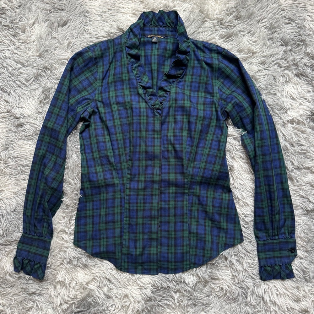 Brooks Brothers 0P Black Watch Tartan Plaid Ruffle Collar Cotton Button Blouse